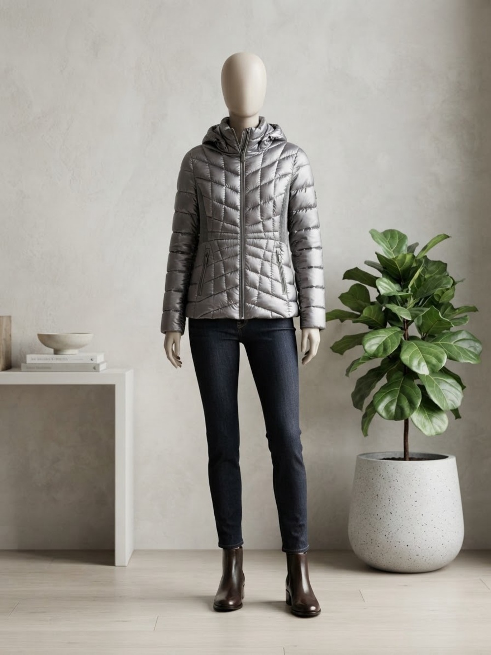 Bernardo Silver Quilted Hooded Puffer Jacket - Women's